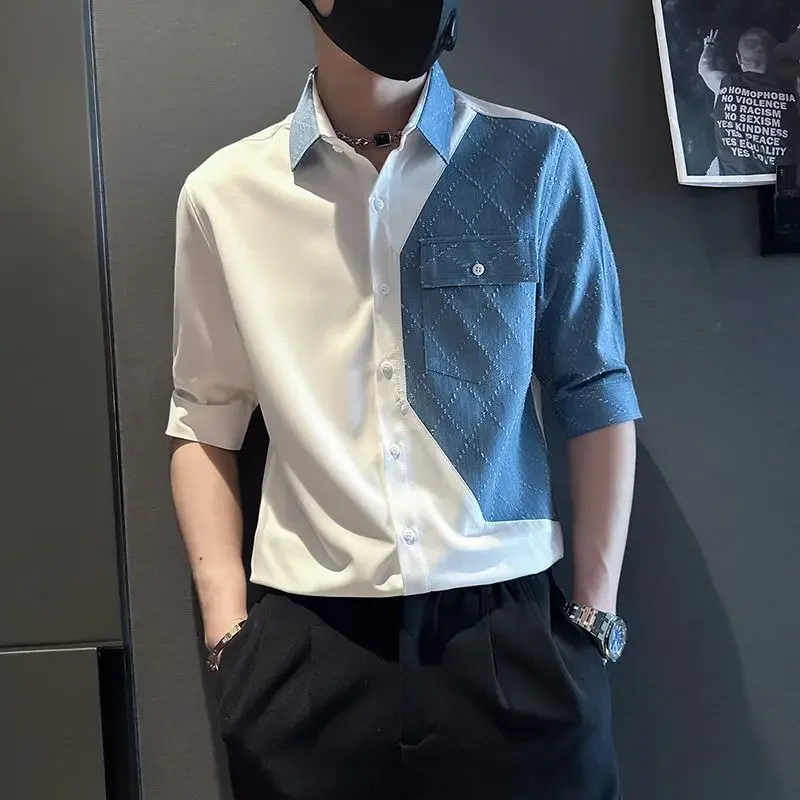 

With Pocket White Man Shirt Black Collar Sleeves Original Cotton Sale Button Up Fashion 2025 Elegant Korean Style Shirts for Men