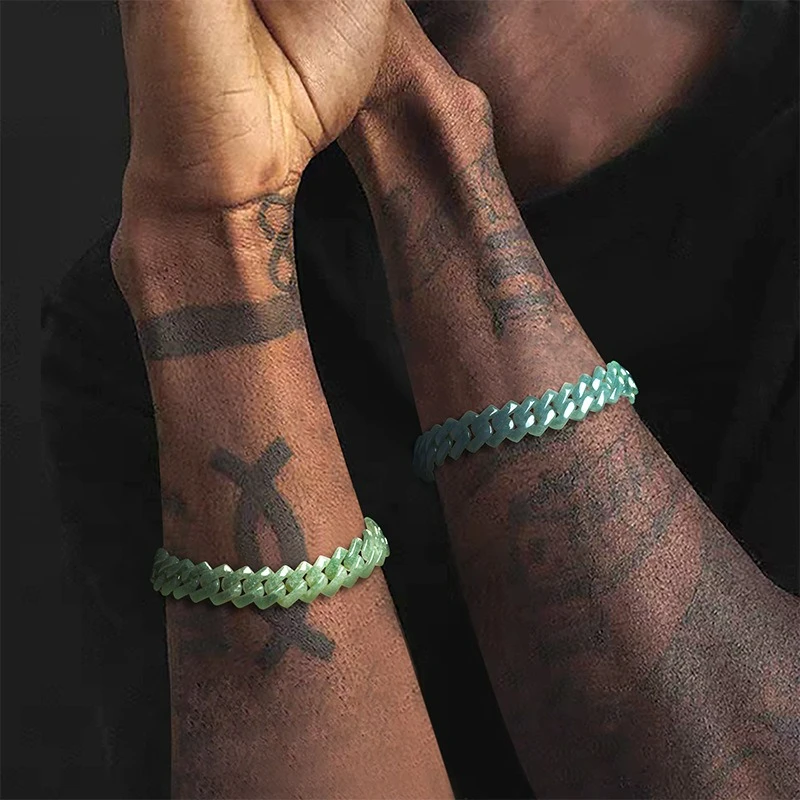

Natural Jade Bean Green Square Ring Buckle Cuban Bracelet Emerald Titanium Steel Inlay Style Men Accessories Fashion Gift