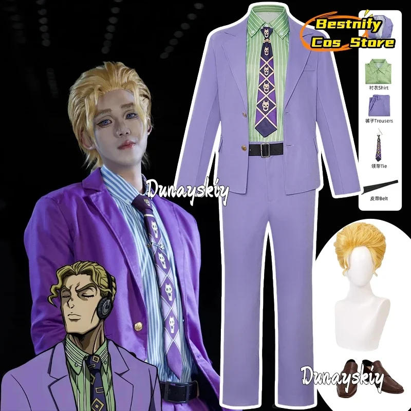 КосплейАниме Невероятные приключения ДжоДжо Кира Йошикаге Косплей Костюм Мужская униформа Костюмы Пальто Брюки Галстук Рубашка Парик Ролевая игра Наряд