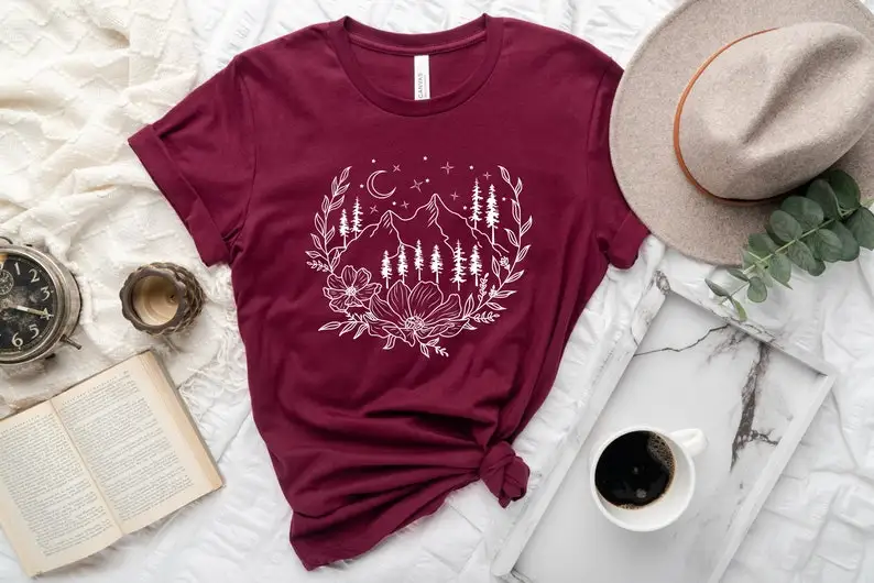 Mountain Shirt, Floral Camping Travel Hiking  Outdoor Adventure Floral Nature 100% Cotton Neck Female Short Sleeve Top Tees y2k