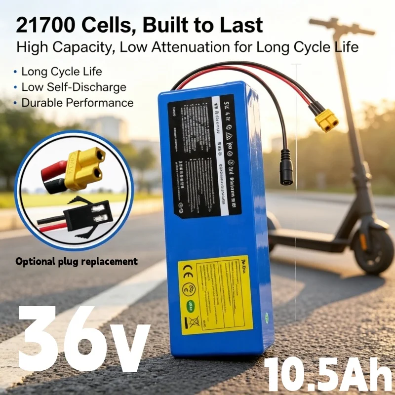 10.5Ah 5C High Power Rechargeable 21700 Lithium Battery Pack 10S2P 36V 650W Fit for Electric Scooter E‑Bike Motorcycle
