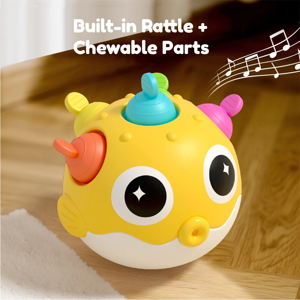 Kugelfisch Baby Roly-Poly Rasselspielzeug mit Beißringknopf, motorische Fähigkeiten, Hand-Auge-Koordination, frühes Lernspielzeug, Geschenk für Neugeborene