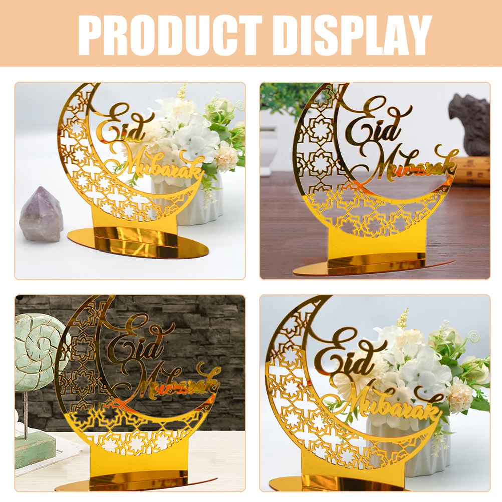 

2pcs Acrylic Desktop Ornament Eid Mubarak Sign Ramadan Moon Shape Craft For Home Party Decor Indoor Festival Decoration Table