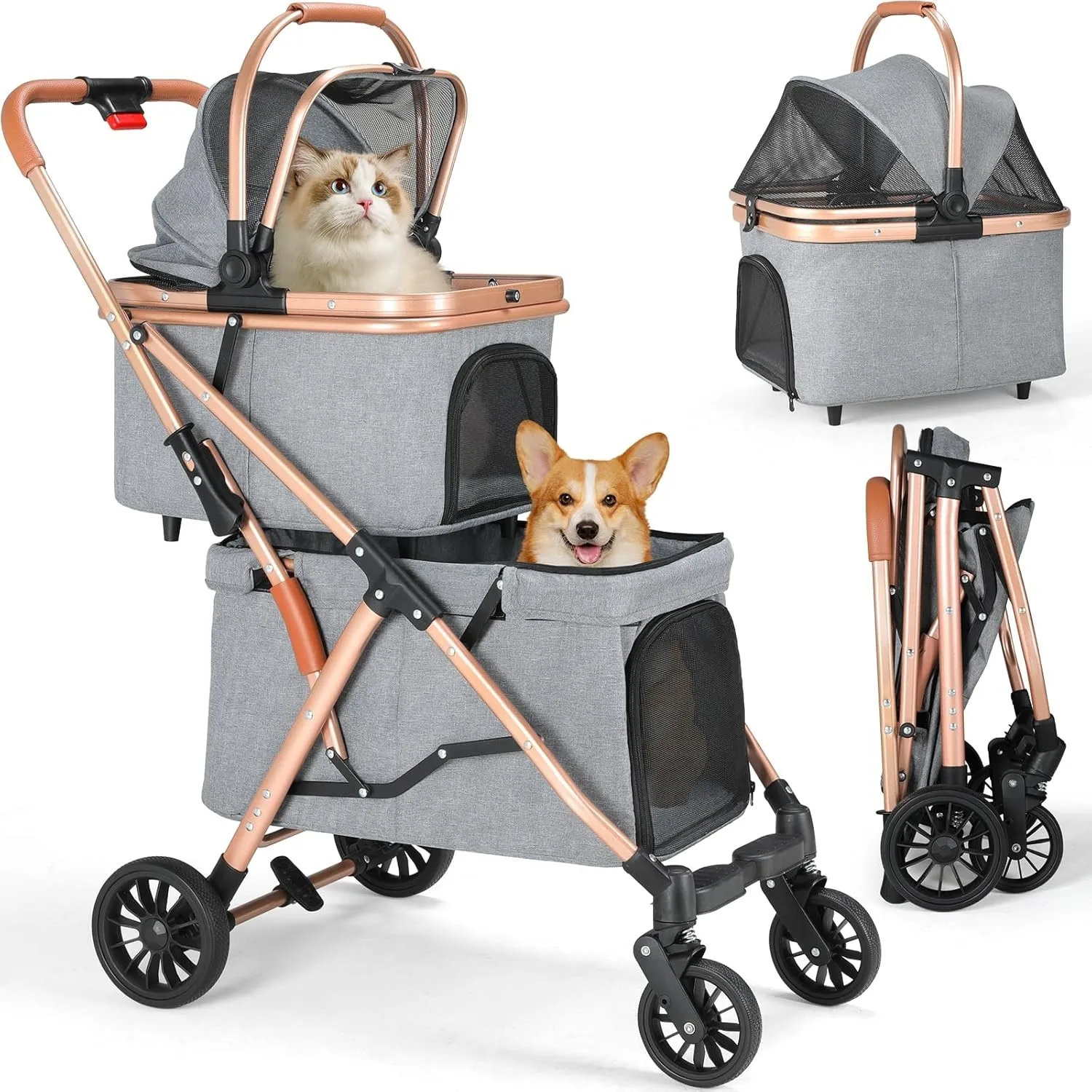Doppel-Hundebuggy für kleine Hunde, 4 Räder, Jogger-Buggy für mittelgroße Hunde, abnehmbarer Katzenanhänger, Aufbewahrungskorb, Ein-Knopf-Faltmechanismus – Detail 7