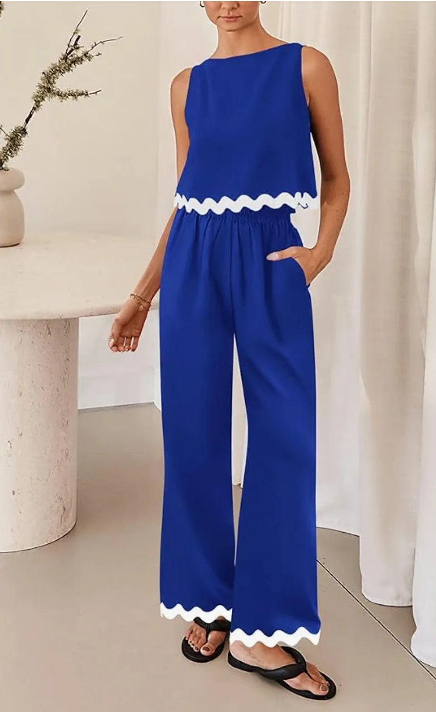 ผู้หญิงฤดูใบไม้ผลิ/ฤดูร้อนผู้หญิงสบายๆ 2 ชิ้นชุดแฟชั่น Casual เสื้อกั๊กสั้นหลวมขากว้างกางเกงสบาย