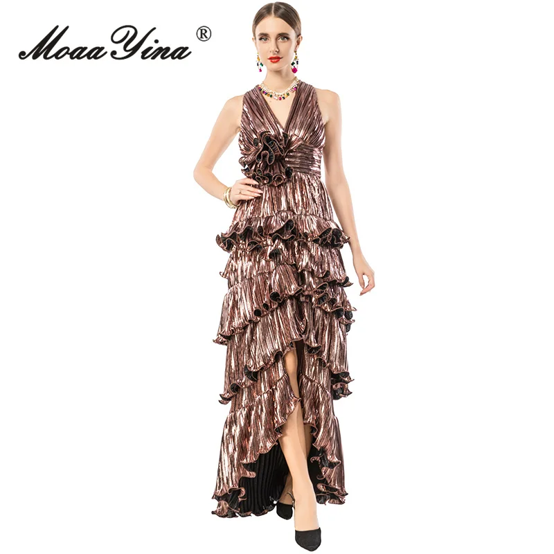 MoaaYina 2026 Spring Women's New Fashionable Light Luxury V-neck Sleeveless Backless Cross Shoulder Strap Waist Long Dress