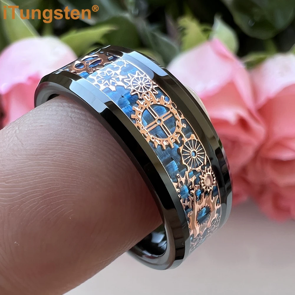 iTungsten 6mm 8mm Black Tungsten Ring Men Women Carbon Fiber Steampunk Gear Inlay Wedding Band Fashion Jewelry Comfort Fit