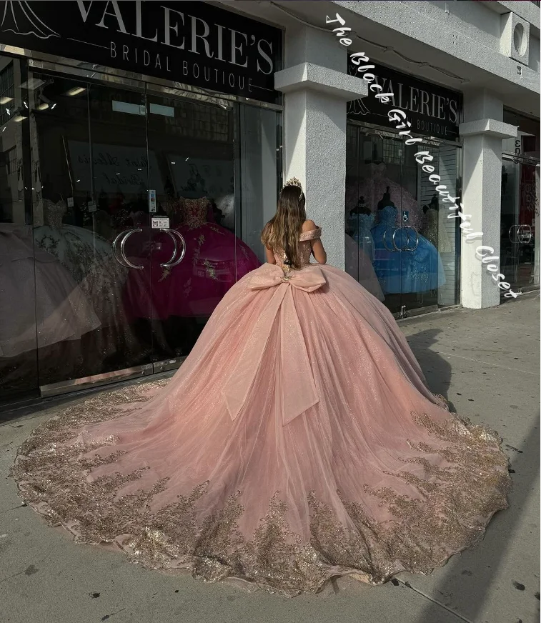 Luxury Pink Royal Princess Gown Exquisite Sheath Card Shoulder Sequins Prom Poncho Small V Neck Strappy Bow 15 Quinceanera Dress