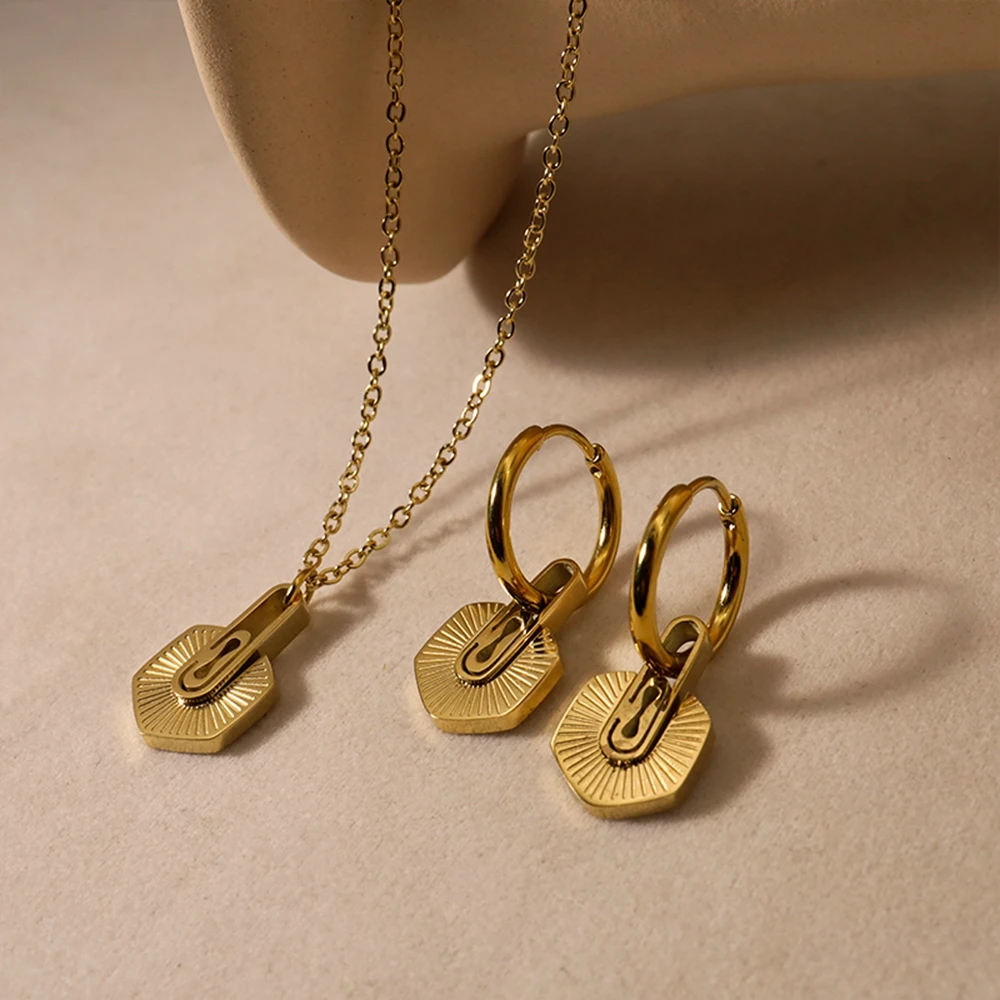 WILD & FREE Trendy Geometric Hexagonal Pendant Stainless Steel Necklace Vintage Drop Earrings Women Jewelry Set