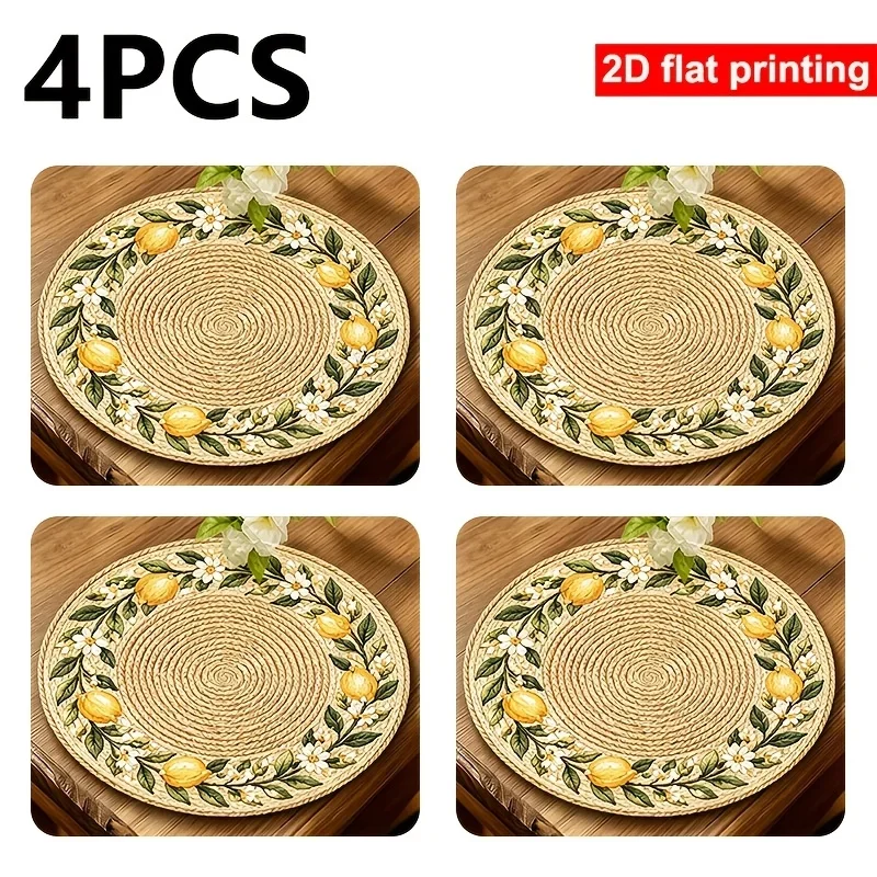 4pcs 2D Printed Placemats Faux Rattan Lemon Blossom Circle Polyester Table Mats, for home Decor, Wedding, Anniversary,