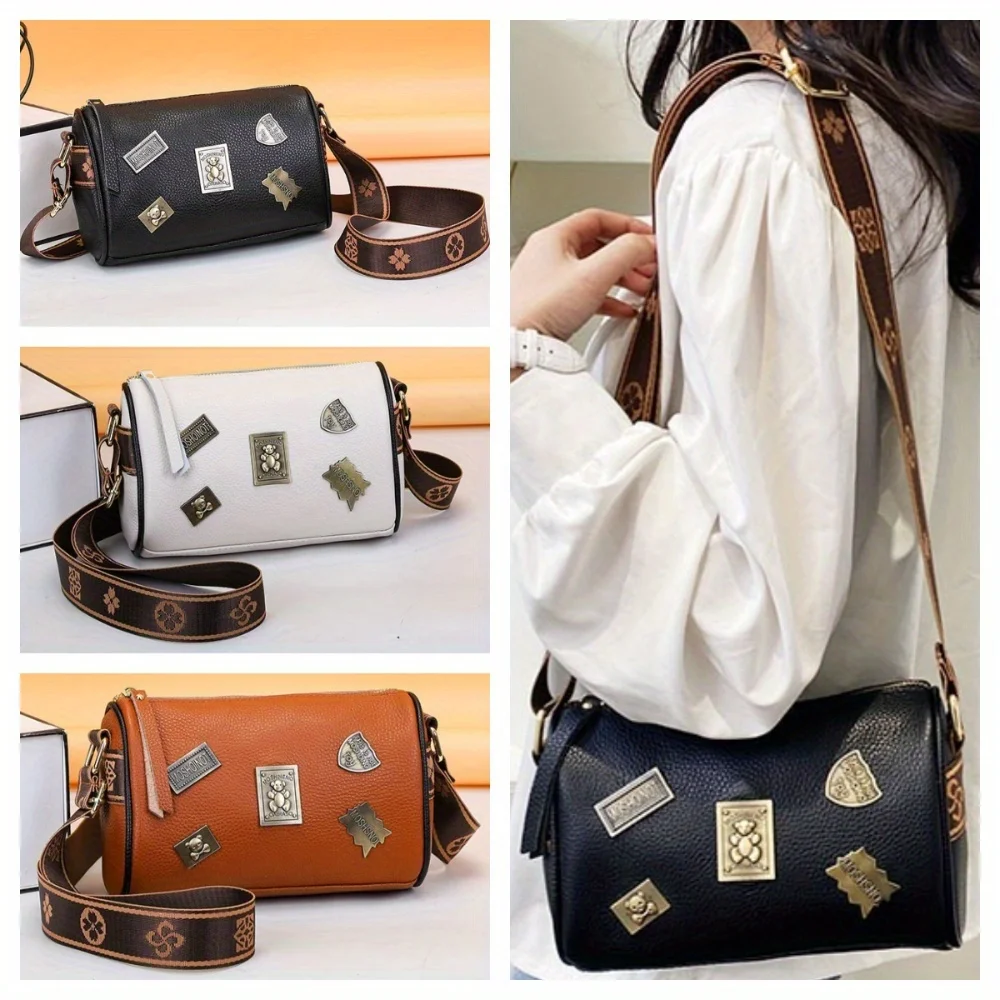 

Ladies' Badge Diamond Grid Single Shoulder PU Leather Cylindrical Crossbody Bag