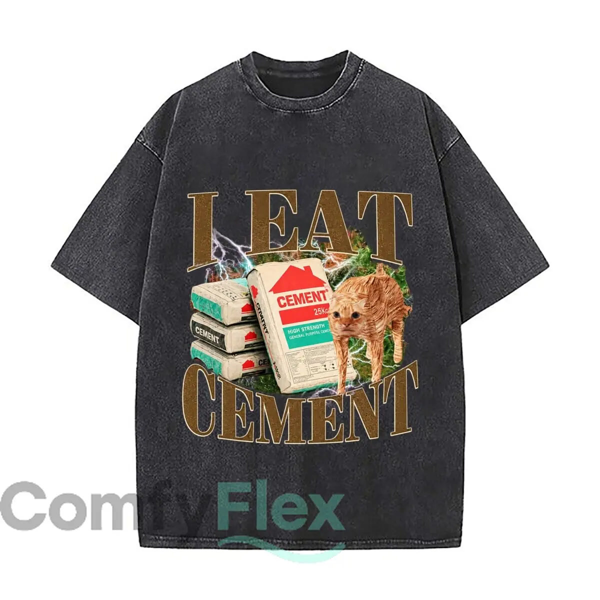 I Eat Cement Funny Cat Meme 25kg High Strength Cement Distressed Faded Baggy Streetwear Tops for Park Hangouts