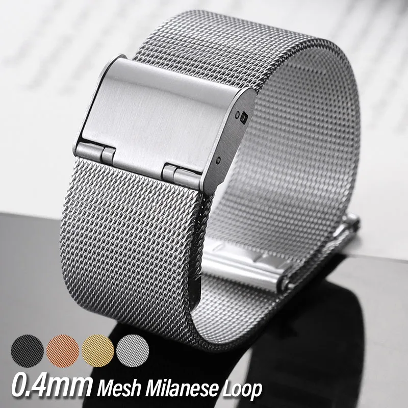 Edelstahl 0,4mm Mesh Uhrenarmband Milanaise-Schlaufe 14mm 16mm 18mm 20mm 22mm Metall-Armband Schnellverschluss Ersatz-Armband