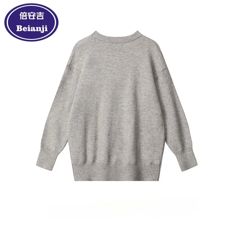 Beianji crewneck sweater American creative bear flocking men's winter casual lazy loose pullover sweater 2024