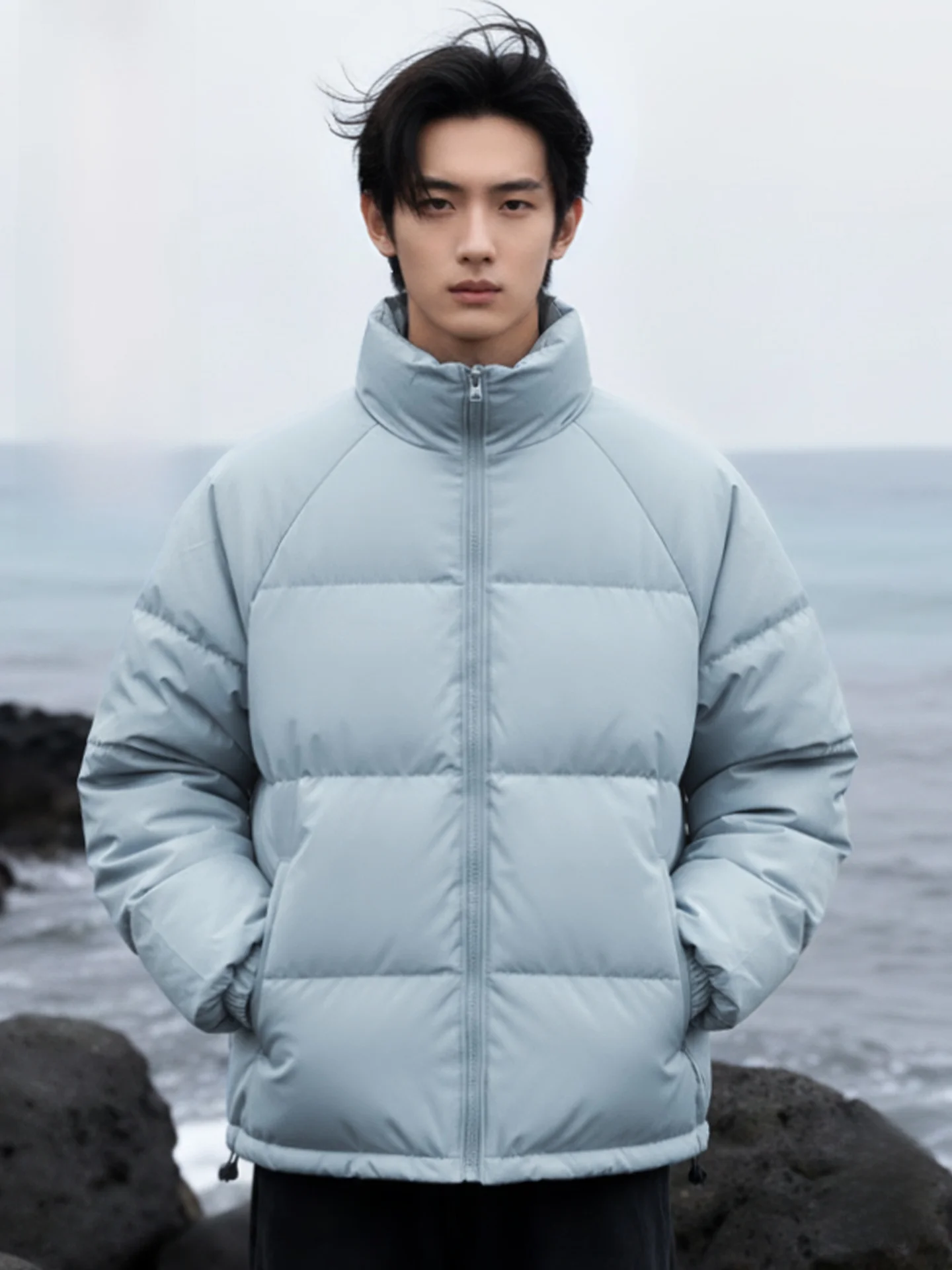 

Мужская утепленная куртка с капюшоном, синее пуховое пальто, теплое, простое, с воротником-стойкой, объемного кроя, для осени и зимы