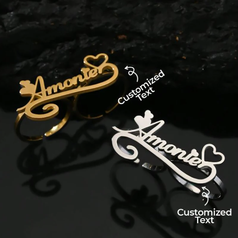 Gold Stainless Steel Name Rings for Girl Personalised Custom Open Two Fingers Ring Luxury Cute Dating Ring Knuckles Party Gift view 5