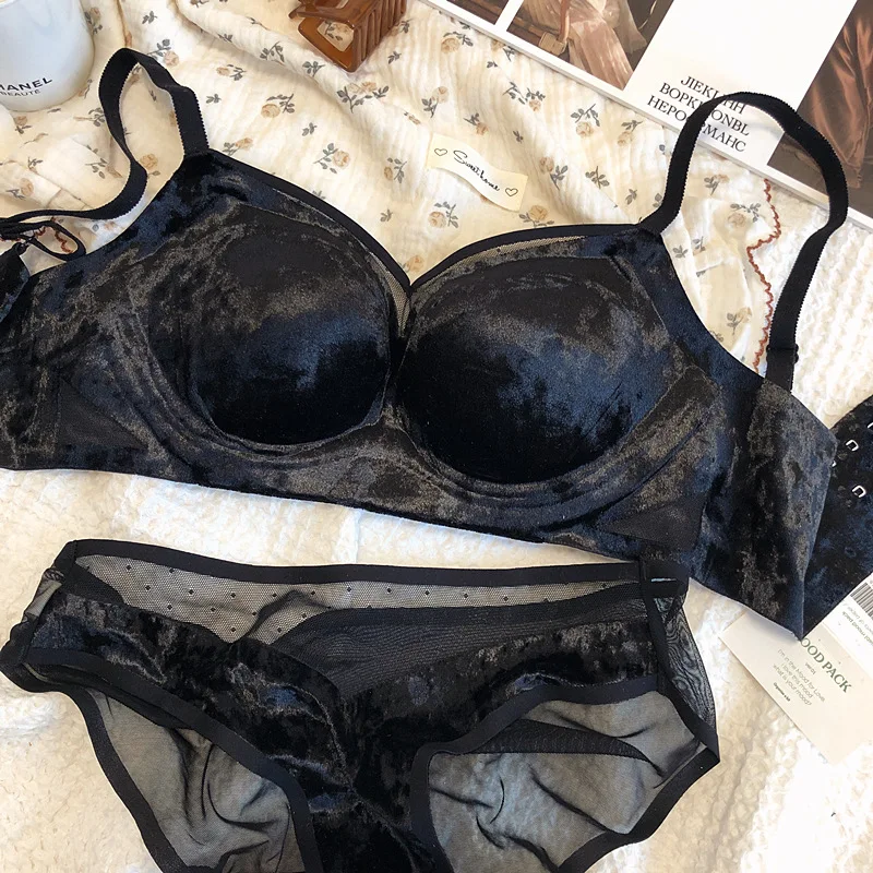 Velvet small chest no steel ring bralette no trace gathering side breast bra set sexy on thin under thick comfortable underwear