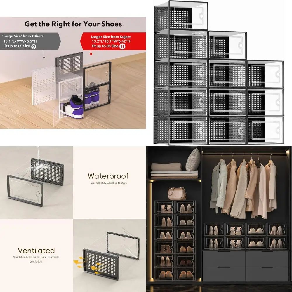 

12-Pack Clear Plastic Shoe Storage Boxes - Stackable Organizers for Shoes, Sneakers, and Toys, Ideal for Entryway, Closet, Under