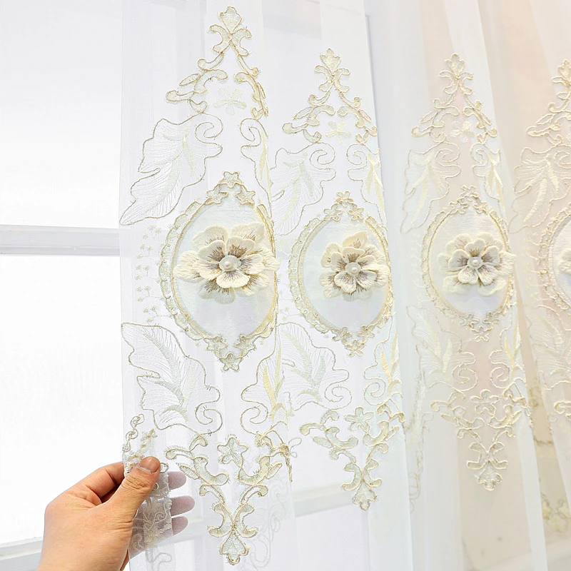 European Three-Dimensional Relief Flower Sheer Tulle Embroidery Curtain For Living Room Bedroom Window Grommet Top Ring Curtain