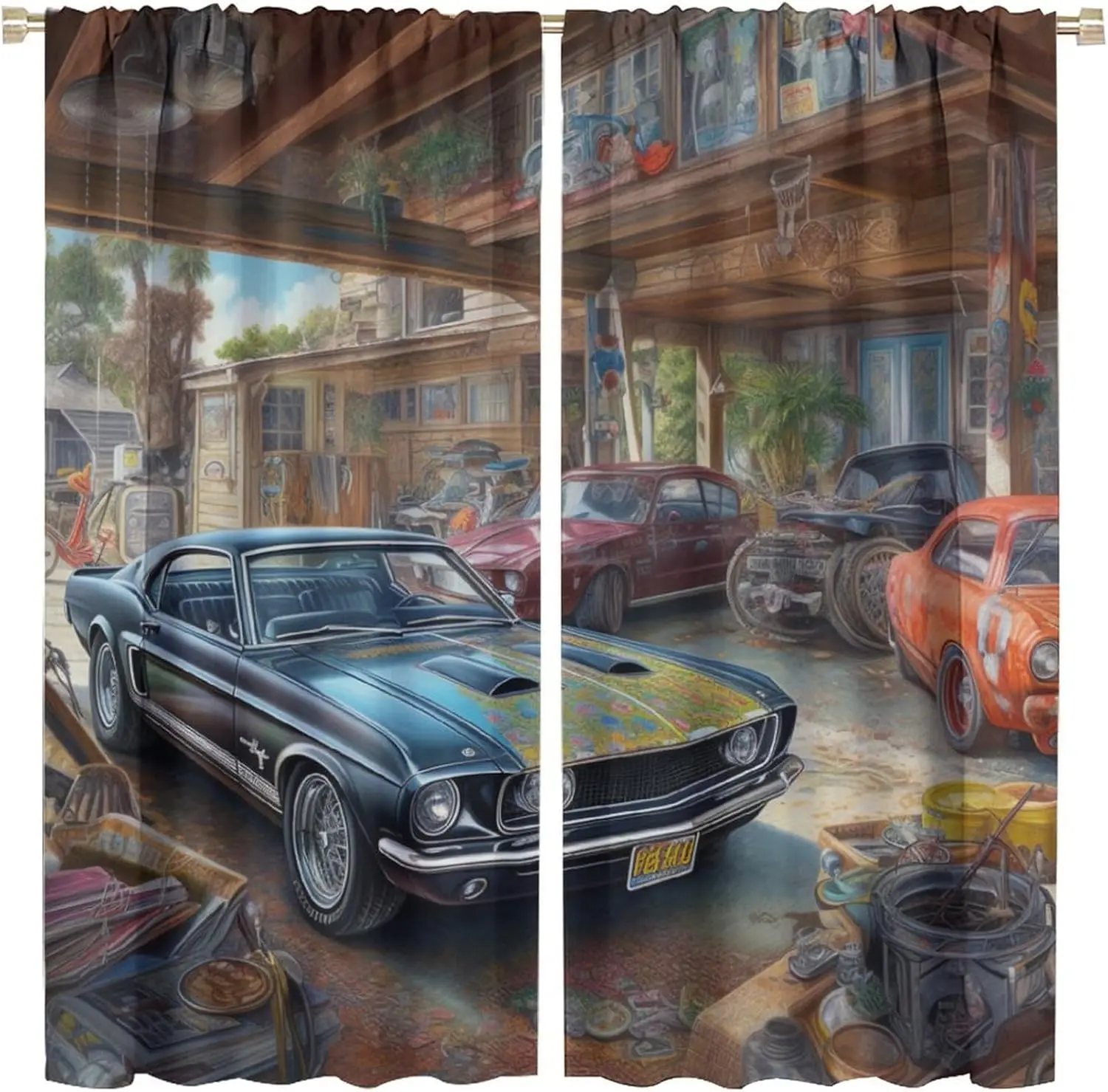 Retro Truck Decor Curtains, Rustic Cartoon Antique Old Car Vintage Barn Farm Window Treatments 2 Panels Curtain for Man Boy
