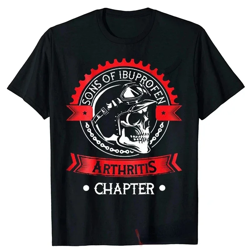 Vintage Black Biker Skull T-Shirt for Men Kids Funny Graphic Shirts with Arthritis Ibuprofen Chapter Design Gothic Streetwear