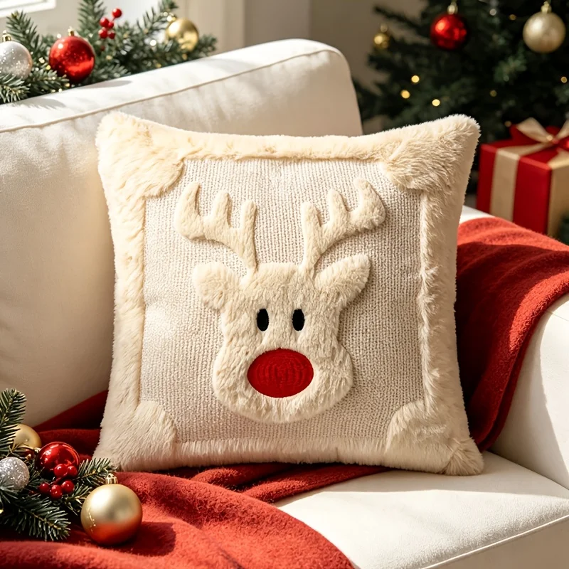 3D Christmas Jacquard Throw Pillow Cover Lovely Winter Plush Reindeer Cushion Cover 45x45cm Xmas New Year Gifts Festival Decor