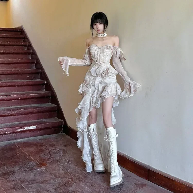 Rose Print Irregular Slim Fit Ruffles Dresses 2025 Early Autumn New Dress for Women Sexy Strapless Long Sleeve Vestido Feminino