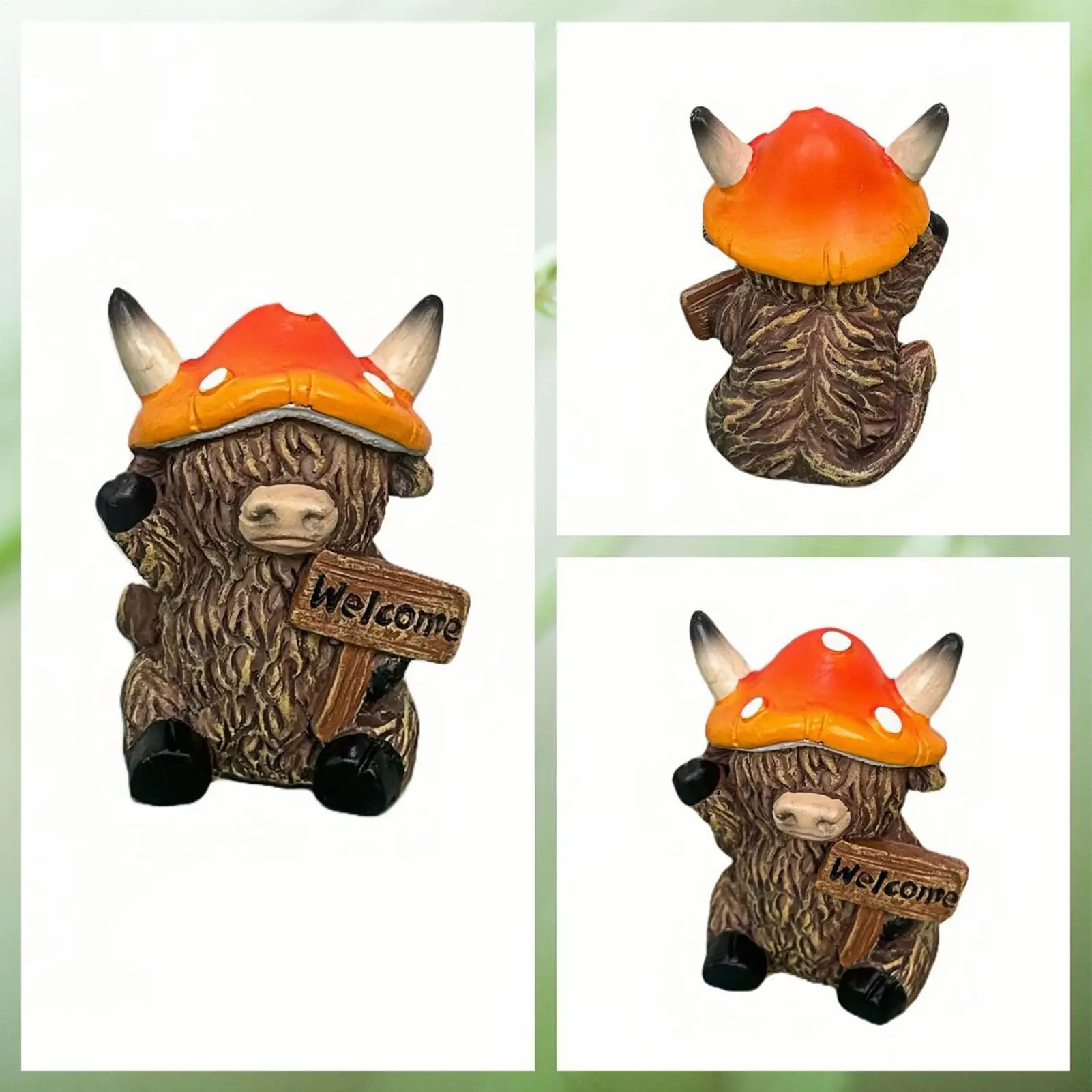 Highland Cow Home Decor 3 Pieces Mushroom Hat Highland Cattle Ornament Resin Animal Sculpture Ornament For Outdoor Home Garden