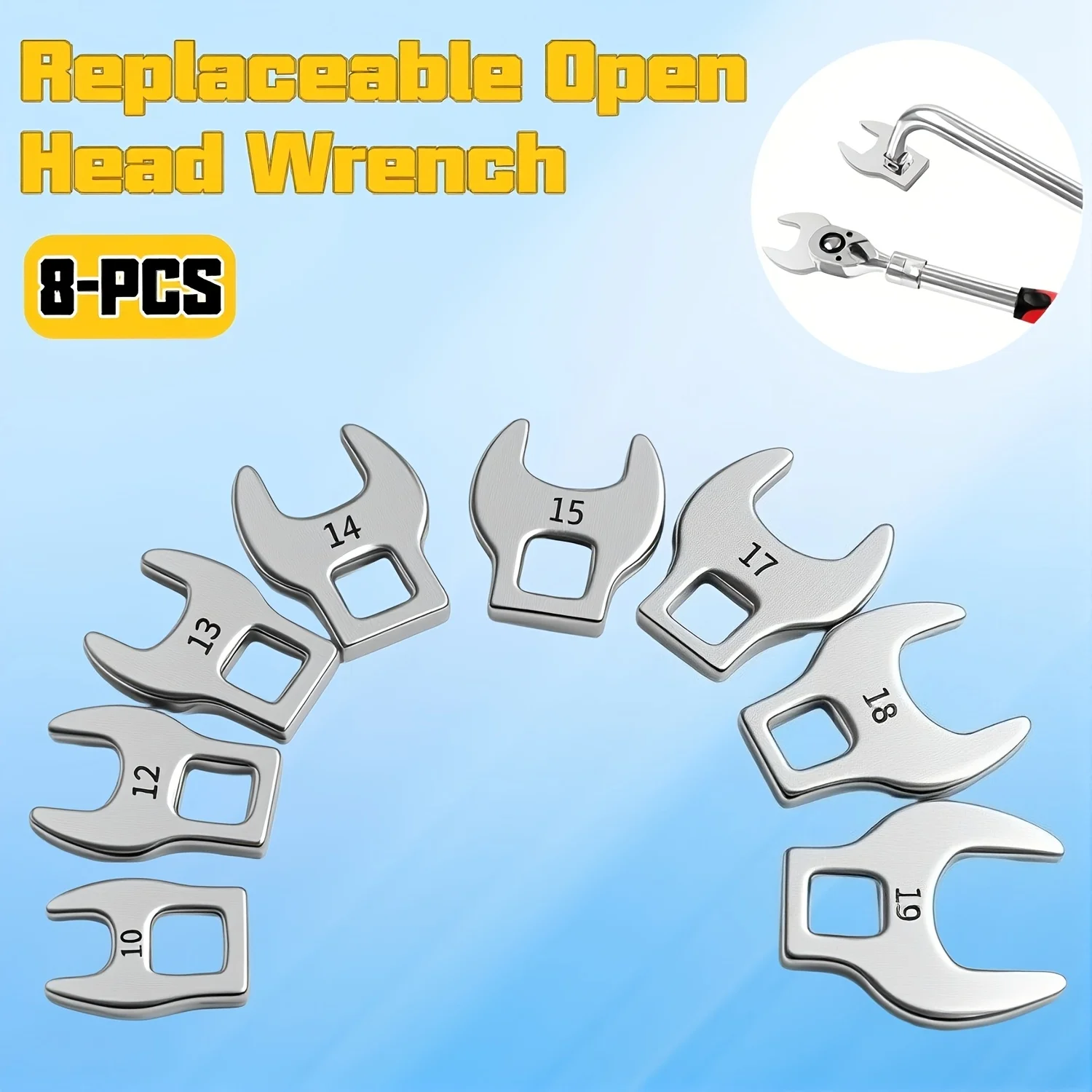 8Pcs Interchangeable Torque Wrench Set 3/8 Inch Dual Purpose Spanner Heads Replaceable Open End Angle Wrench Auto Repair Tools