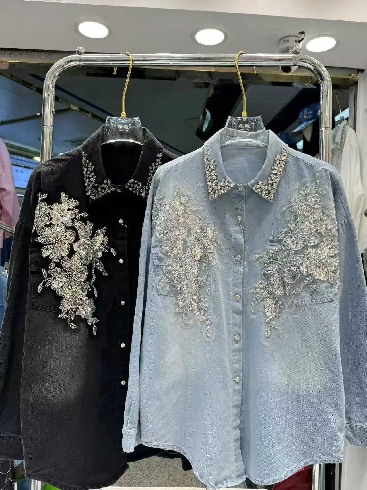 ใหม่ในฤดูใบไม้ผลิฤดูใบไม้ร่วง 2025 Sparkle SequinsเพชรStitchความยาวกลางY2K Denimเสื้อและเสื้อสําหรับสตรีแฟชั่นTops blusas