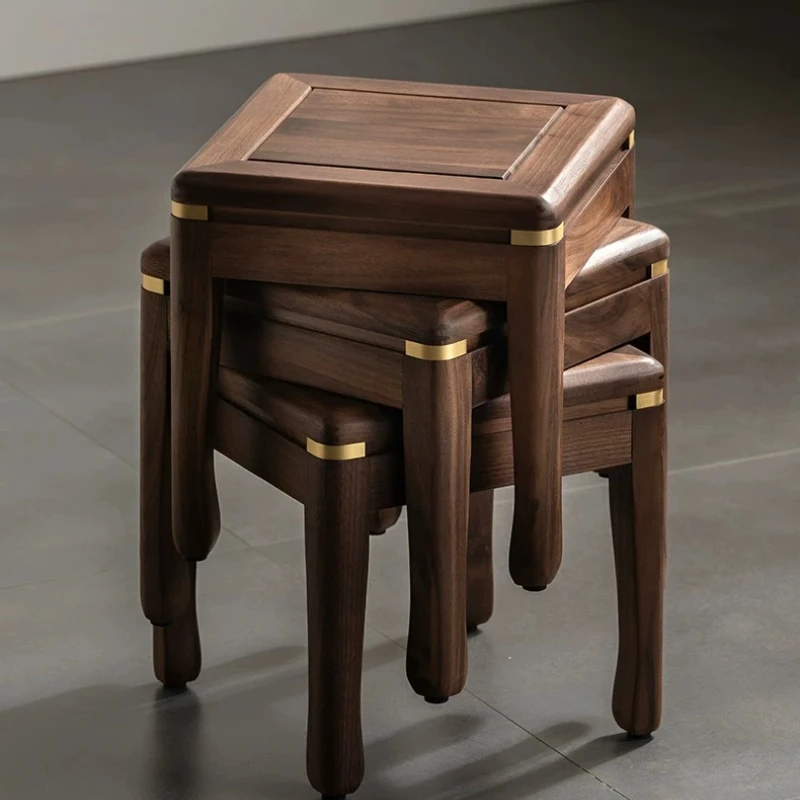 

Black Walnut Solid Wood Square Stool Vintage Chinese Low Bench Living Room Tea Table Seat Entrance Shoe Ottoman for Home