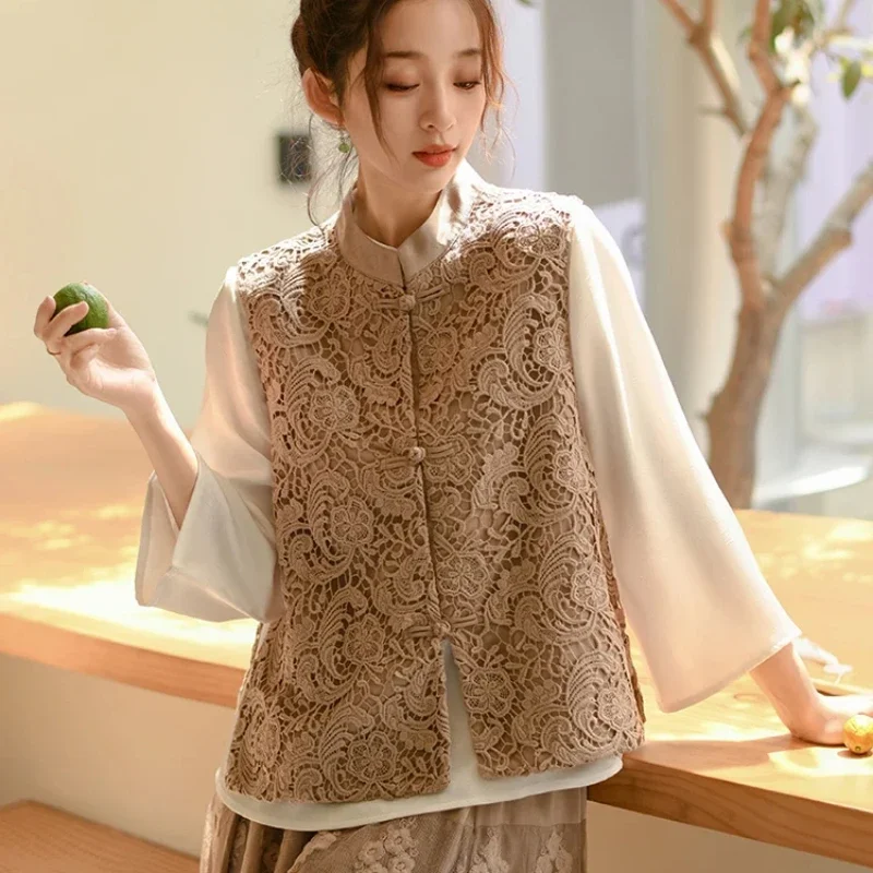 

Embroidery Lace Vest Women Chinese style Sleeveless Top Shirt 2024 Spring Summer New Elegant White Waistcoat 6313