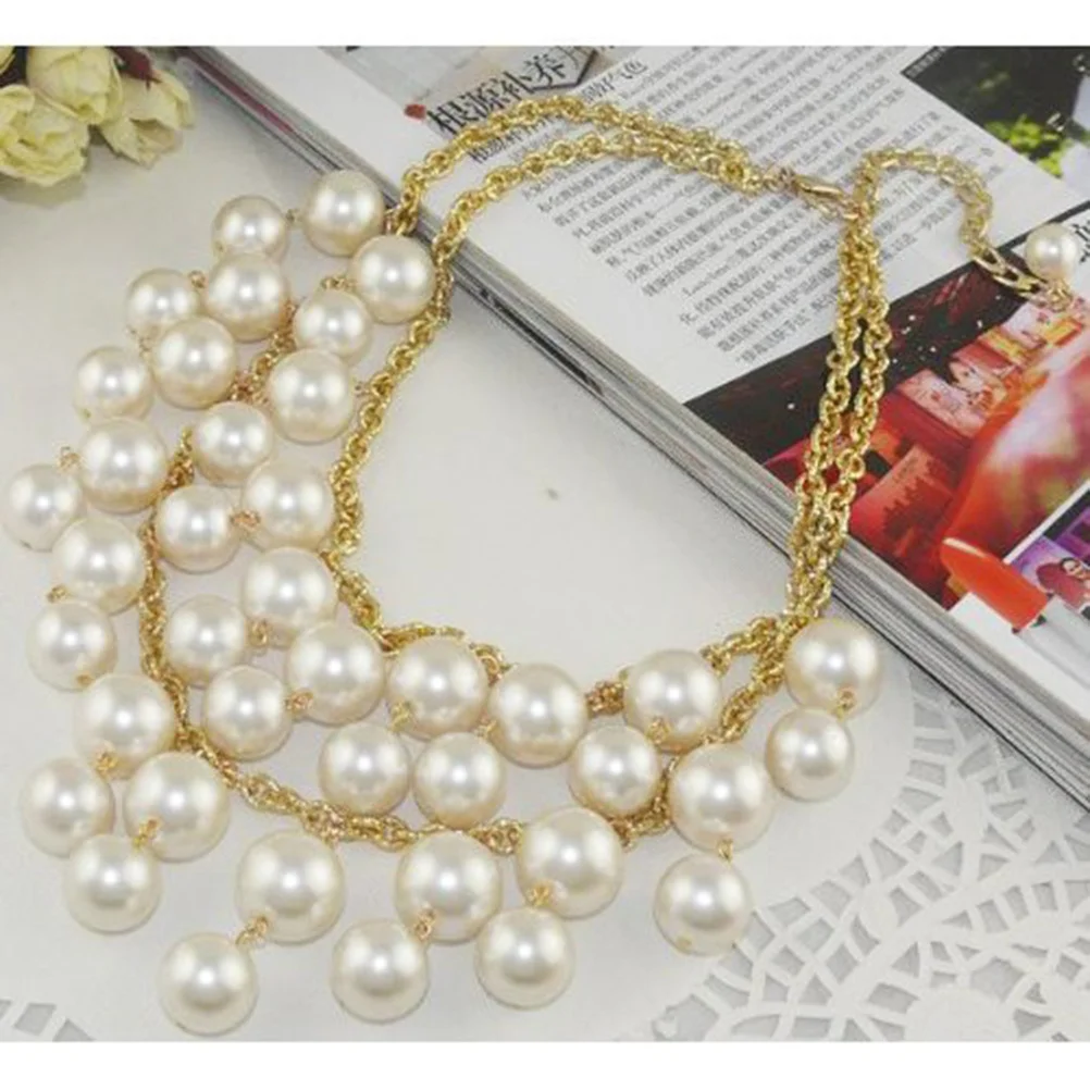 

Double Chain Necklace For Women Gold Cream Pearl Pendant Layered Multi Strand Jewelry Gift Elegant Pearl Strands Necklace
