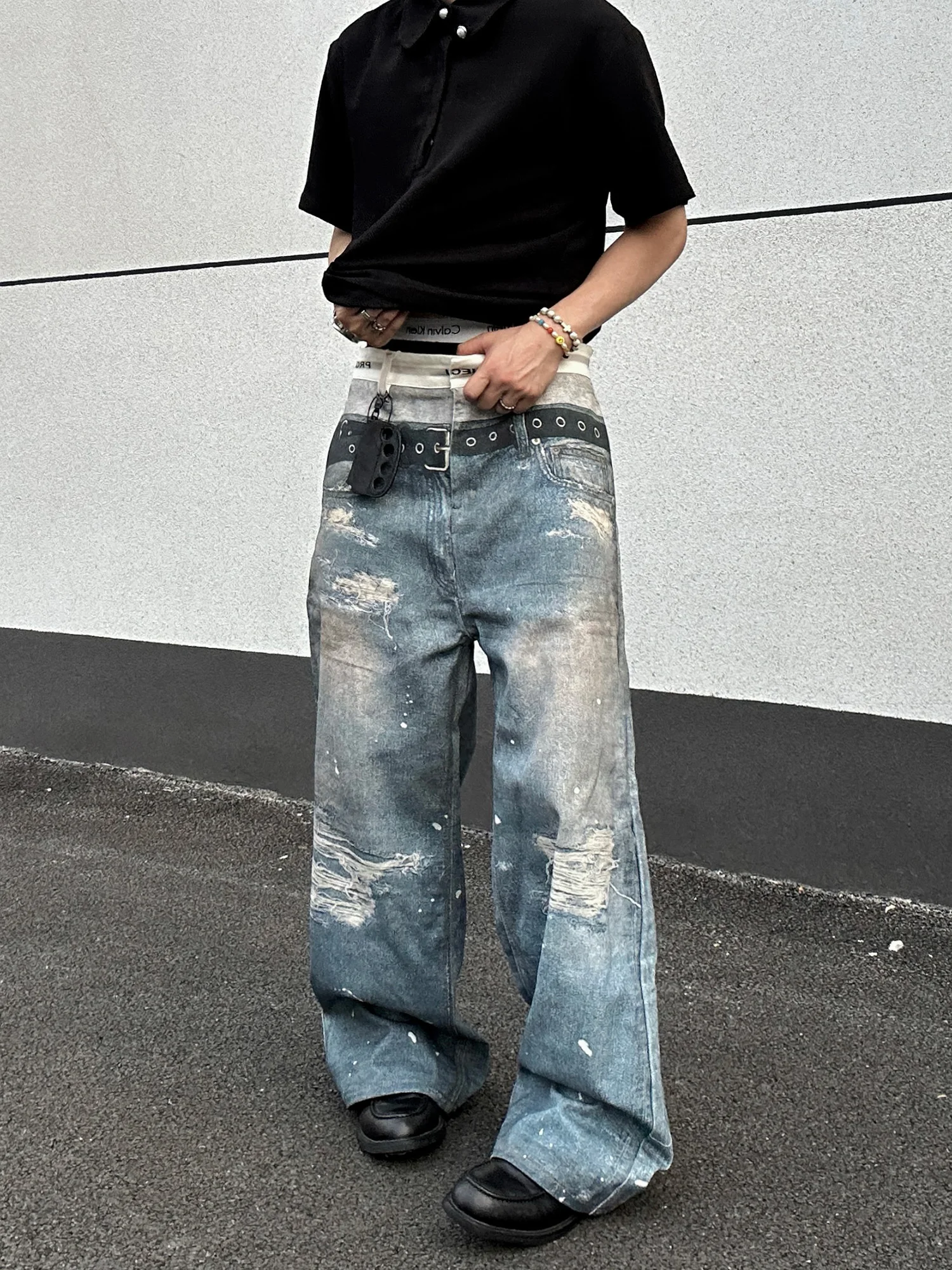 

JDKZ летние американские ретро джинсы с 3D цифровой печатью и чернилами, свободные прямые длинные брюки для мужчин и женщин