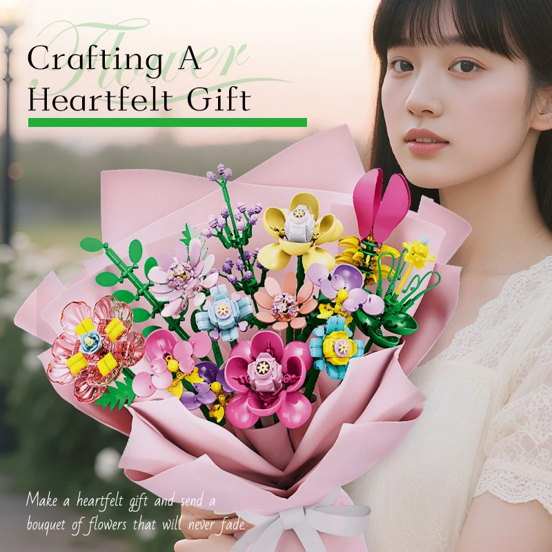 

Building block flower, eternal flower bouquet, small particle assembly and flower arrangement, Valentine's Day girls