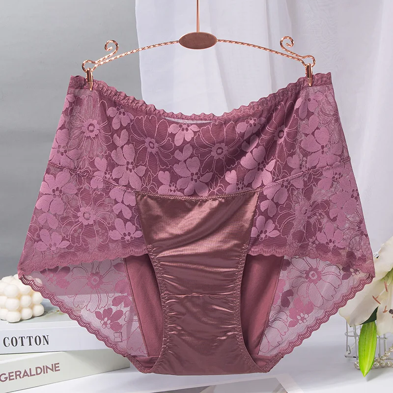 BS70 Sexy Intimates High Waist Silk Women Panties Transparent Flower Lace Satin Briefs Seamless Female Underwear Plus Size 3XL