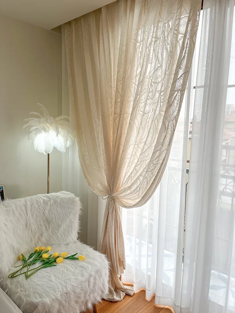 Custom Size Cream Style Leaf Three-dimensional Relief Living Room Sheer Screen New Light-transmitting and Opaque White Tulle