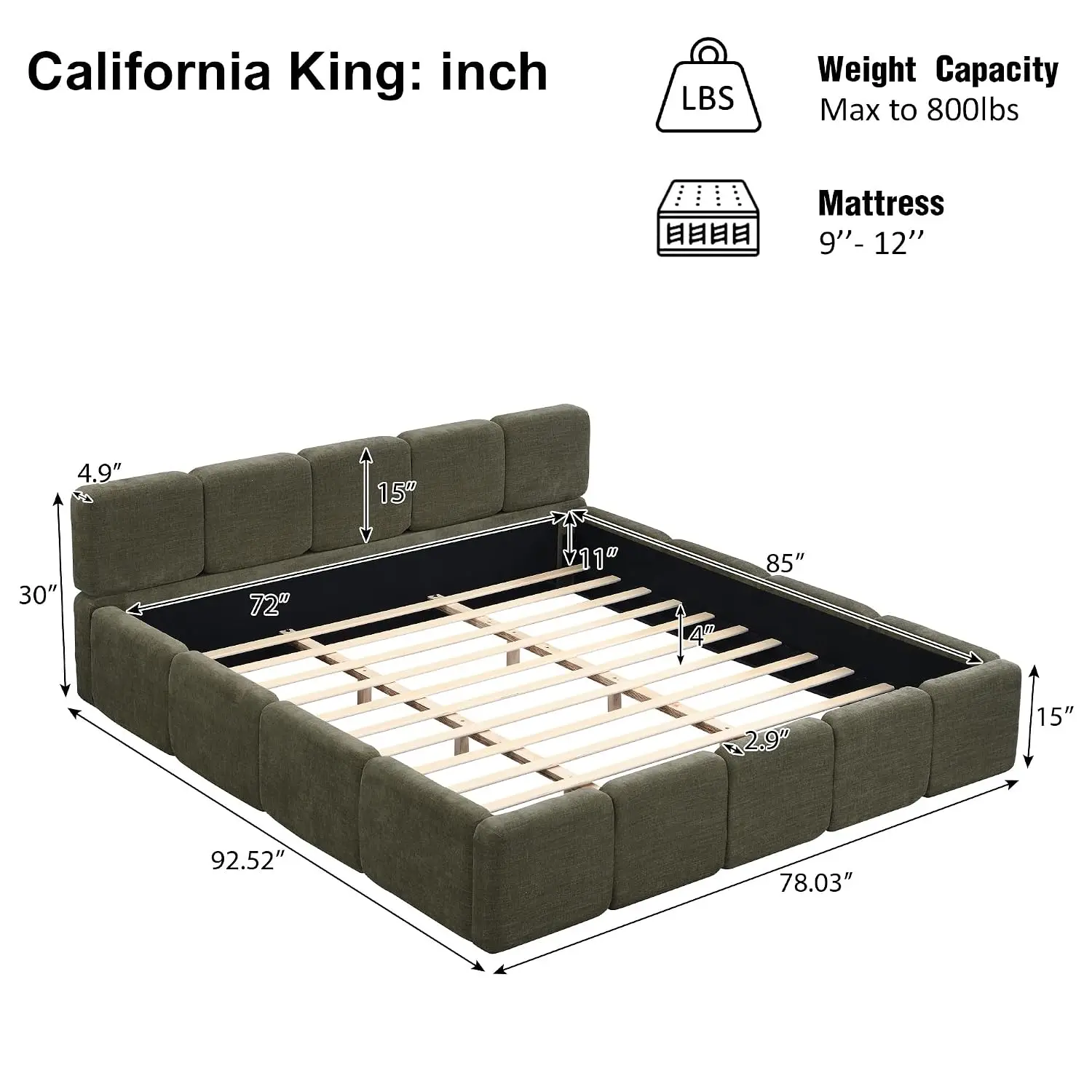 California King Boucle Platform Bed Thick Upholstered Headboard Green, Customized
