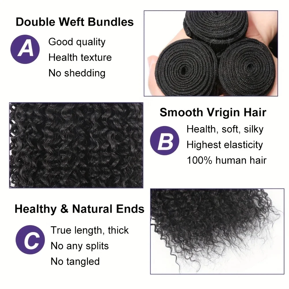 Вьющиеся волнистые пучки человеческих волос 22, 24, 26 и 20 дюймов, 3 пучка с кружевной застежкой 4x4, 100% необработанные волосы, двойной уток, натуральный черный