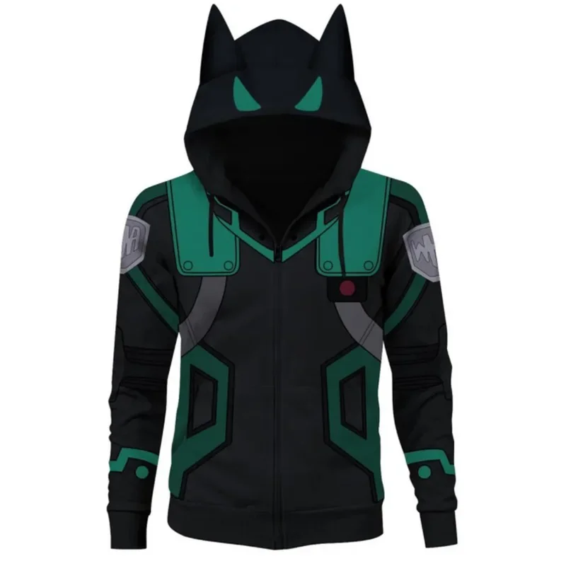 SN 552024   New My Hero Academy Green Valley Long Fighting Suit 3D Digital Print Ear Double layered Hat Sweater@54WE