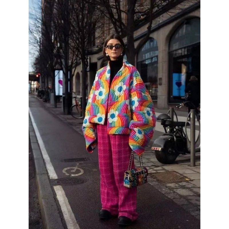 Casaco de algodão com estampa floral arco-íris feminino, cardigã casual chique, Harajuku vintage, jaqueta puffer outono, streetwear acolchoado,