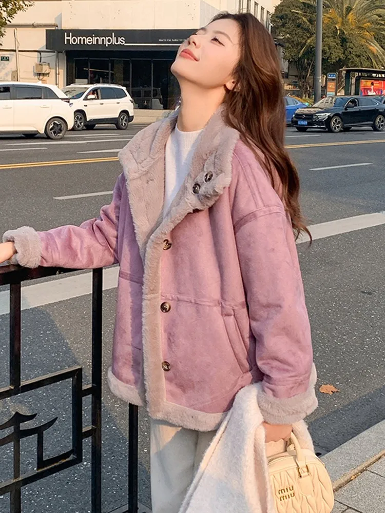 

Корейская фиолетовая хлопковая куртка-кардиган для женщин, новая зимняя модель с интегрированной кожаной и меховой отделкой, осенне-зимний элегантный топ