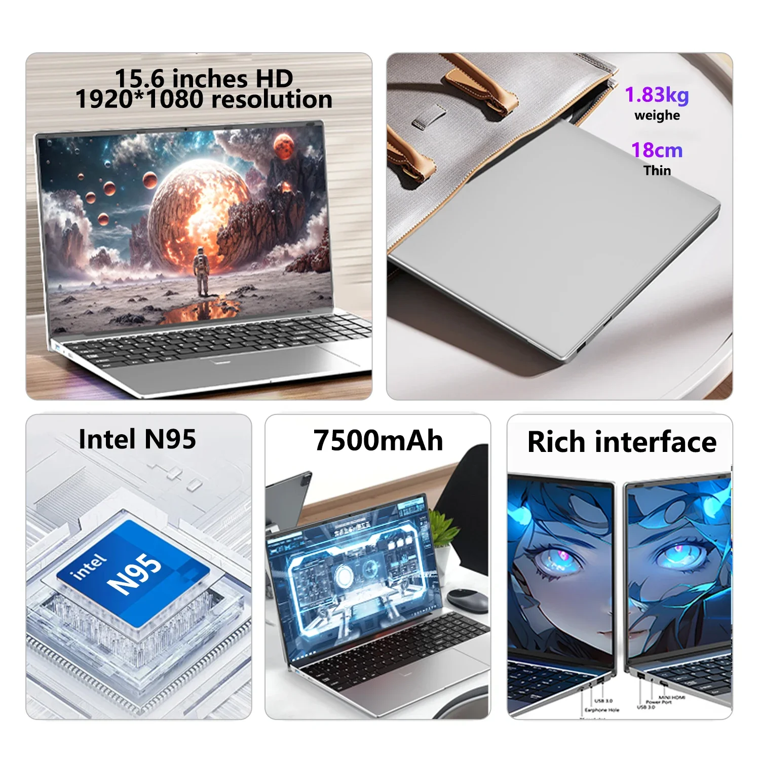 Ноутбук Intel N95 Ultra Slim 2026 года, 15.6 дюймов, 32 ГБ ОЗУ, 2048 ГБ SSD, игровой, с аккумулятором 7500 мАч, для офиса и учебы, ПК с Windows 11