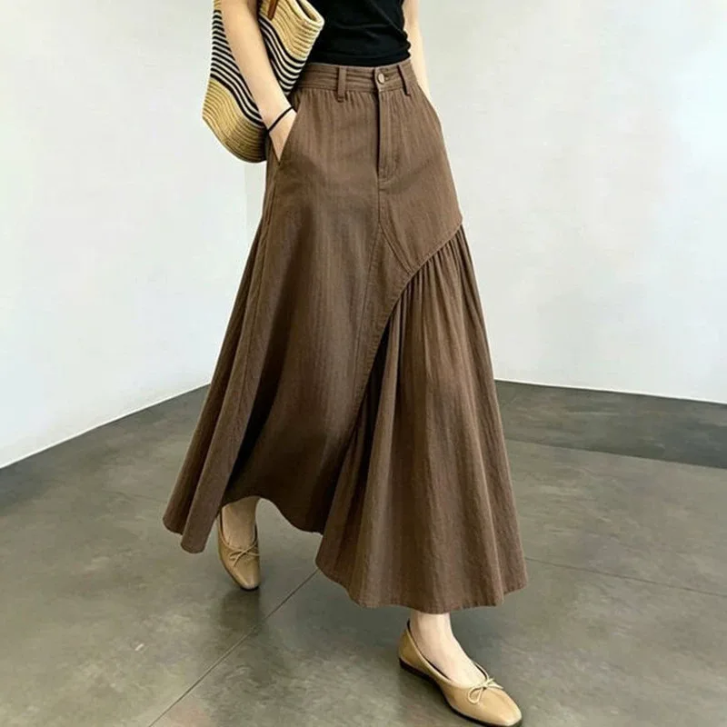Women Navy Vertical Stripe Irregular Spliced Midi Skirt High Waist Wrap Pleated A Line Long Skirt Pockets Office Commuter Bottom
