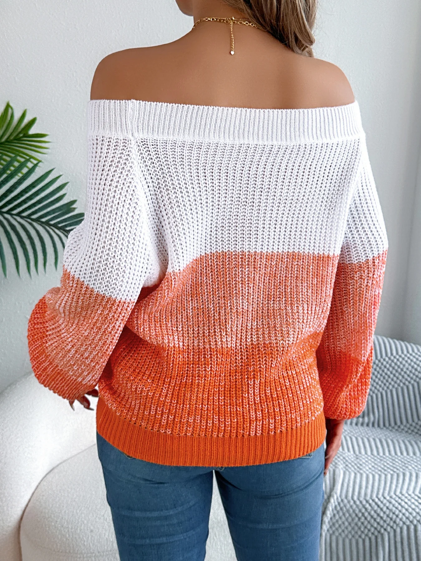 Off Shoulder Striped Colorblock Pullover Sweater Long Sleeve Casual Fall