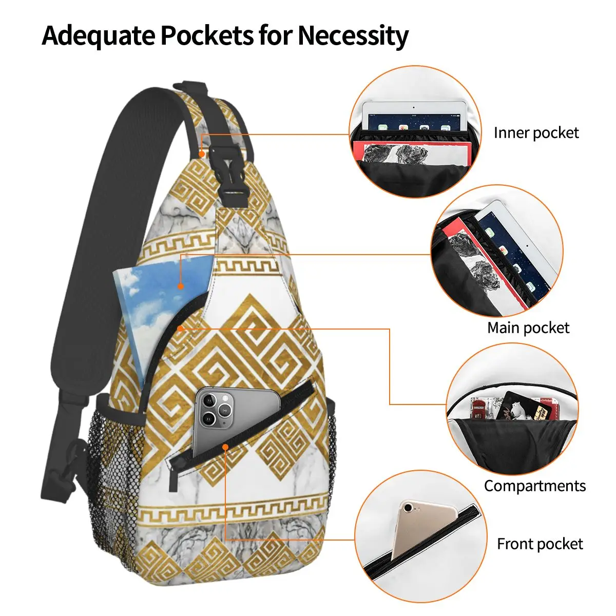 Greek Meander - Greek Key White Marble And Gold Chest Bag Men Sling Crossbody Backpack Chest Bag Traveling Daypack Shoulder Bag