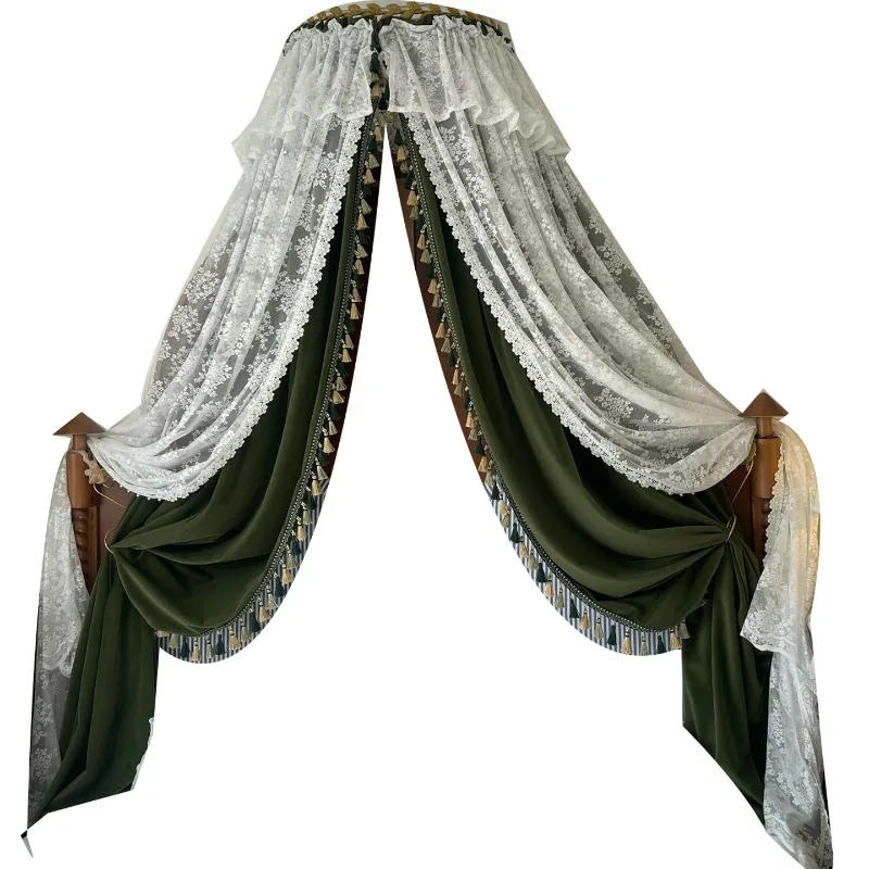 Retro French Velvet Bed Canopy, Light Luxury Green Bed Curtain for Villa B&B Master Bedroom