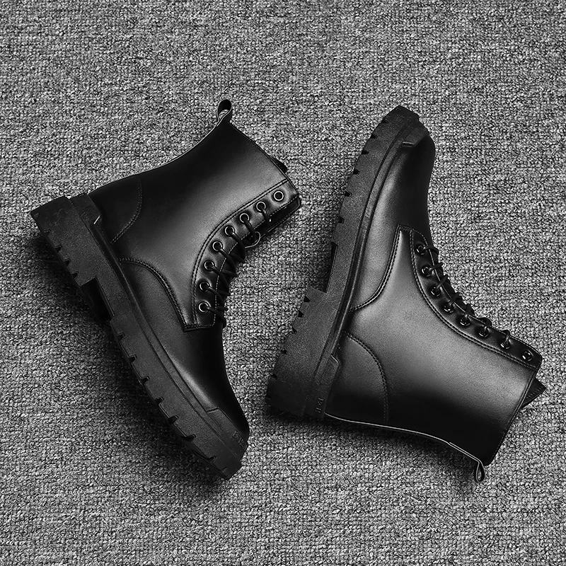 Men Black Leather Boots New British Style High Top Fashion Work Boots Outdoor Street Fashion Chelsea Men Shoes Comfortable Short