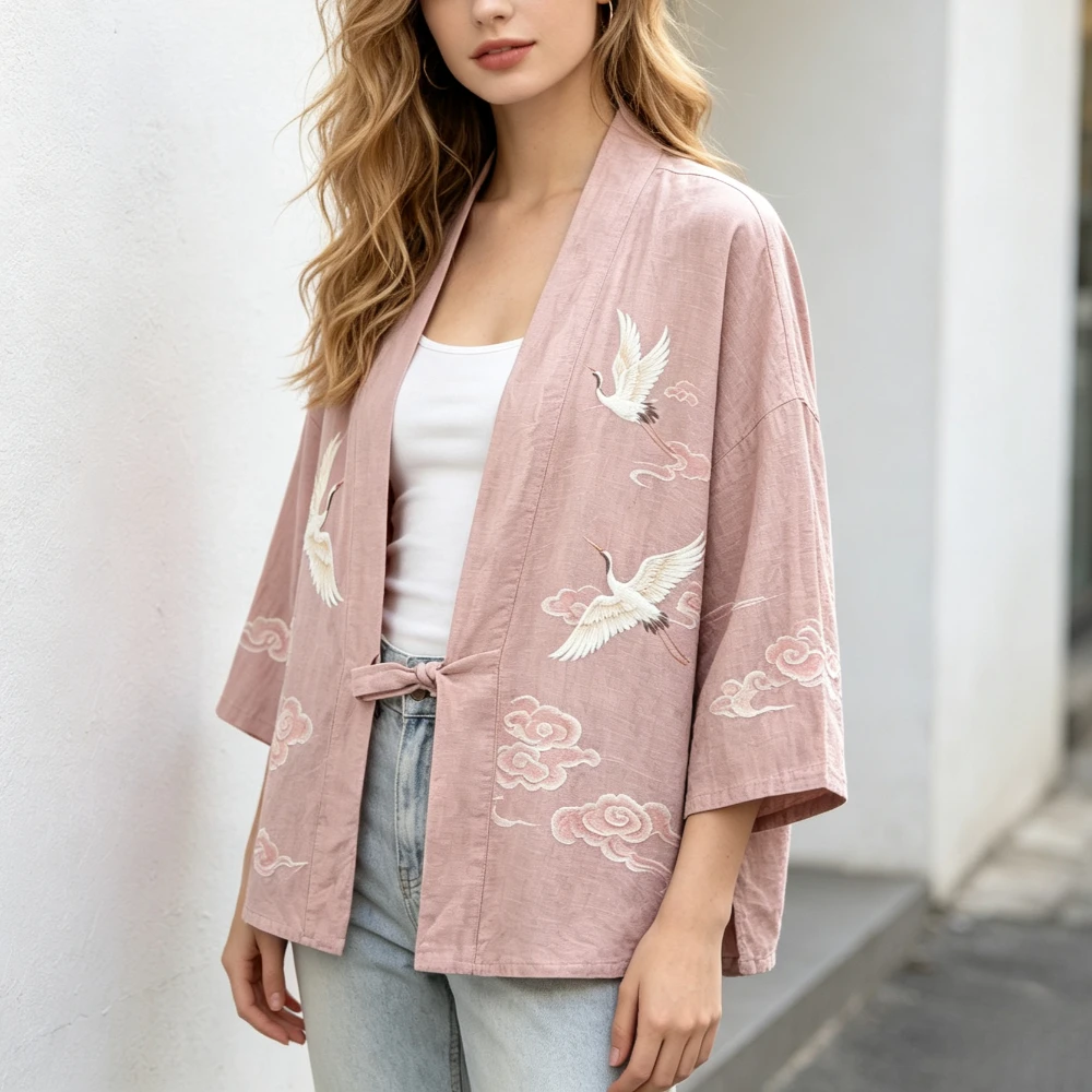 Men Women Japanese Kimono Haori Cardigan Cotton Crane Clouds Printed Open Front Vintage Robe Loose Fit Plus Size Beach Cover Up