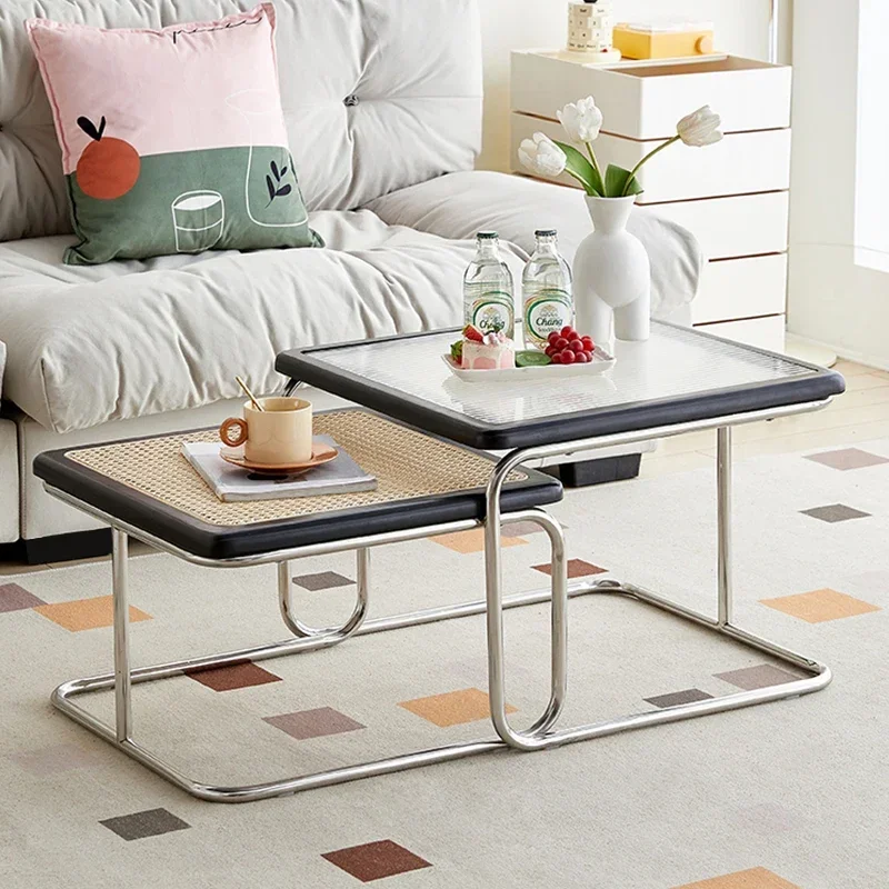 Medieval mother and child coffee table living room household small apartment rattan table glass edge table wabi-**** retro tea t